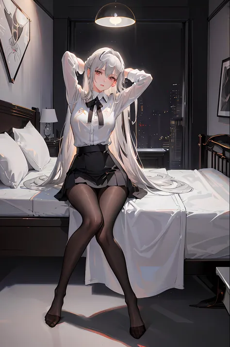 (((1 girl)),ray tracing,(dim lighting),[detailed background (bedroom)),((silver hair)),((silver hair)),(fluffy silver hair, plum...