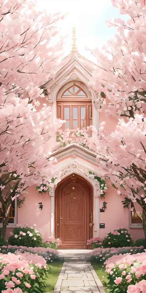 Professional photography, realistic, a clump of pink roses outside the house, beautiful and aesthetic, soft pink, beautiful beauty, roses in movie lights, lush flowers outdoors, nature and floral aesthetics, rose garden, roses, portal made of roses, beauti...