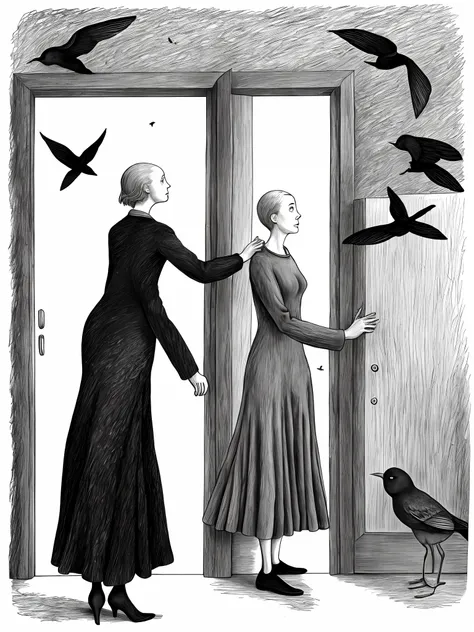 a drawing of a woman standing in front of a door with birds flying around her by edward gorey