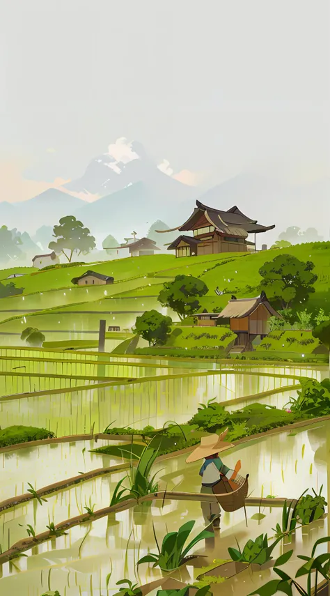 There is a man walking through a rice field, in the background is a hut with rice fields, rice fields, neat rice seedlings in the fields, misty rain, villages, agriculture, in the tranquil landscape, misty weather, in the vast peaceful landscape, in the early morning, in the morning mist, behind a small village, mist, Japanese countryside, thatched roofs --v 6