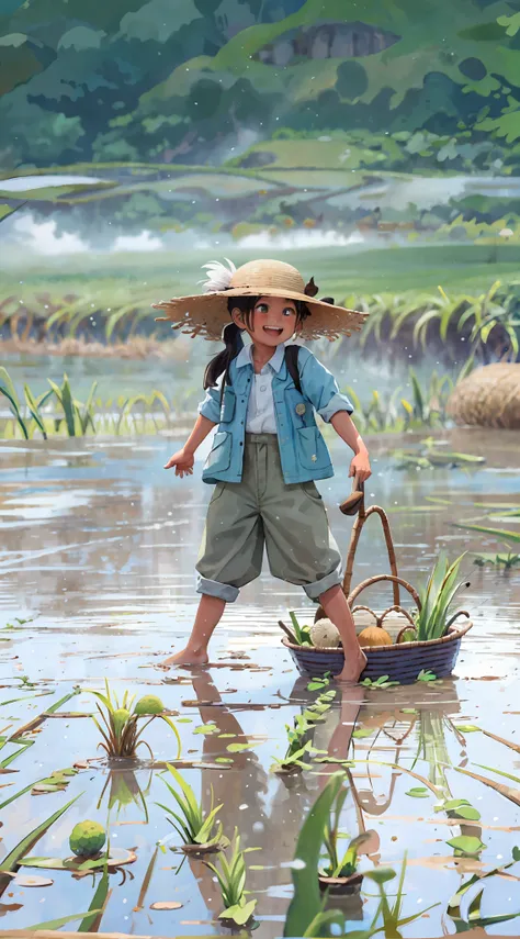 super realistic scene, inside the paddy field, a little girl with a double ponytail is laughing with a straw hat behind her back...