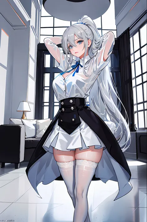 (((1 girl)),ray tracing,(dim lighting),[detailed background (living room)),((silver hair)),(silver hair)),((Fluffy silver hair, plump and slender girl)) with high ponytail))) Avoid golden eyes in the ominous living room ((((Girl wears white opaque shirt, b...