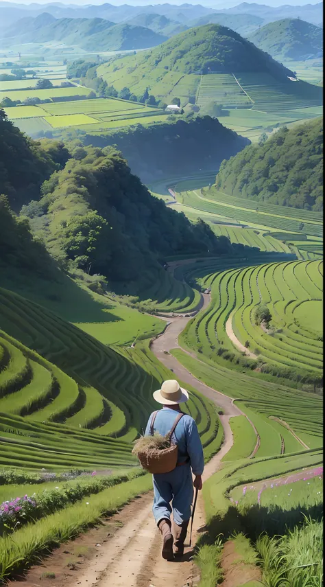 an old farmer carrying a flat burden, walking on the winding path of the countryside, big clouds, blue sky, rice fields, neat ri...