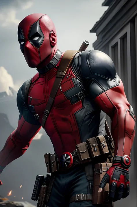 (8k, RAW photo, best quality, masterpiece:1.2), ultra detailed, official art, photo-realistic:1.37, upper body shot, marvel deadpool, film grain, action pose