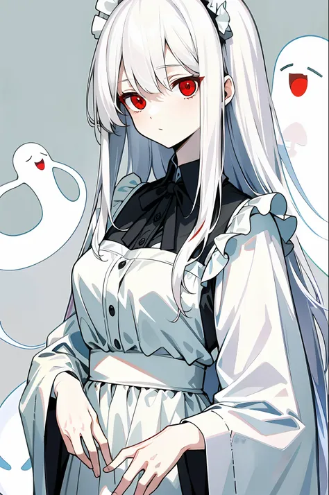 (masterpiece, best quality) detailed, 1girl, solo, long hair, pale skin, ghostly maid, white hair, red eyes, long straight bang ...