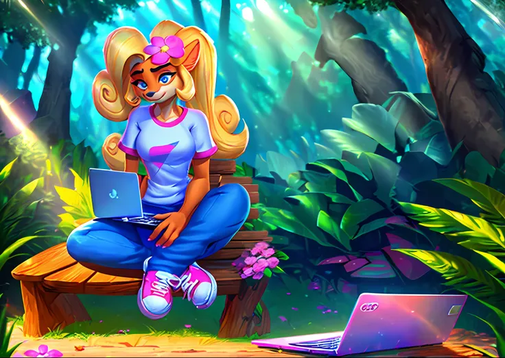 coco, furry, (((stylized))), (amazing details), (amazing lighting), blonde hair, ponytail, flower in hair, pointy ears, white sh...