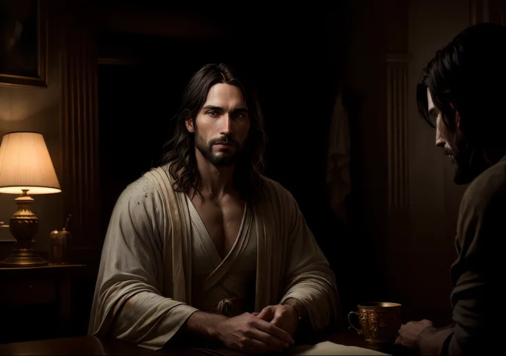 JESUS CHRIST sitting next to Noahs Ark dark photo: realistic epic, soft cinematic portrait, adobe lightroom, photographic lab, highly detailed, faded, art by greg rutkowski and artgerm, neutral colors: 1.2), (hdr: 1.4), (soft colors:1.2), hyperdetailed, (a...