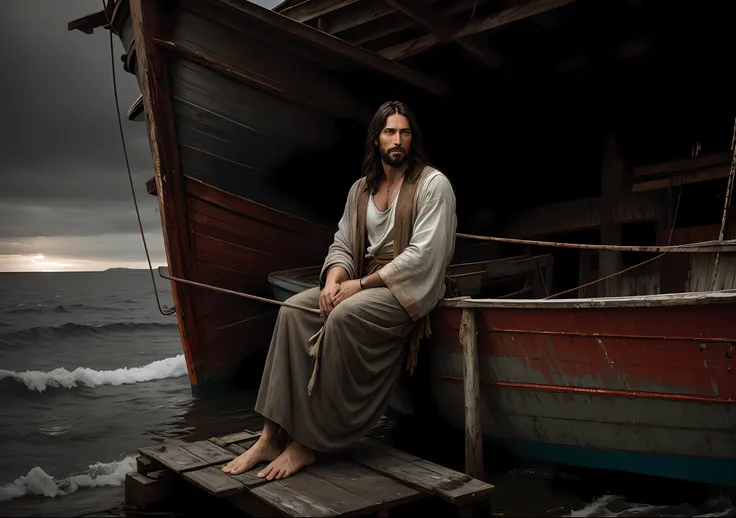 jesus christ sitting next to an old boat the sea dark photo: realistic epic, soft cinematic portrait, adobe lightroom, photograp...