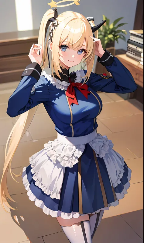 ((masterpiece, best quality)), (1girl),((mature female)), blonde hair, halo, horn, ((office lady )),bangs,middle breast,(busty),slim,smile, [wide hips],office,standing, aru (blue archive),