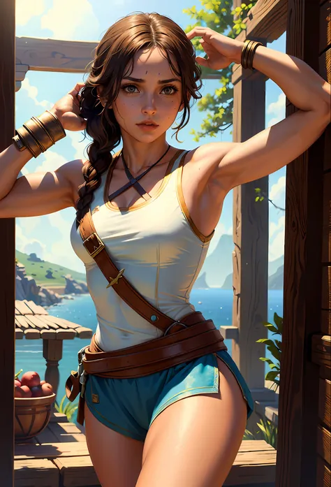 solo, kassandra (from assassin's creed oyssey, 1female, stron, toned abs, brown hair with side braids, brown eyes, light brown s...