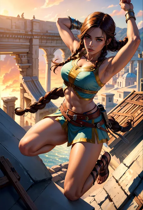 Solo, Kassandra (from assassins creed oyssey, 1female, stron, toned abs, brown hair with side braids, brown eyes, light brown skin, Greek) wearing a one-piece armor, shoulders showing, jumping from a rooftop. ((masterpiece), best quality, ultra high resolu...