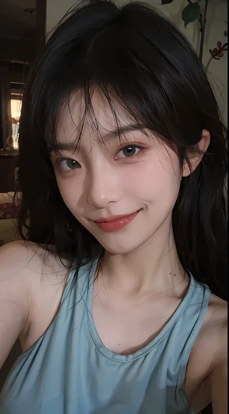 8K, Best Quality, Masterpiece, Ultra High Resolution, (Realism: 1.4), Original Photo, (True Skin Texture: 1.3), (Film Grain: 1.3), (Selfie Angle), 1 Girl, Beautiful Emerald Gemstone Eyes and Delicate Face Details, Pink Top, Masterpiece, Best Quality, Close...