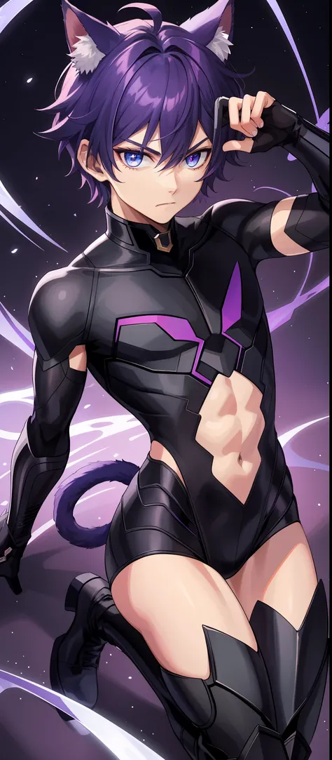 1boy, toned, sharp cat ears, cat tail, dark purple messy hair, dark blue eyes, cosmic powers, HD, masterpiece, vibrant, black boots, dead expression, slim purple armor