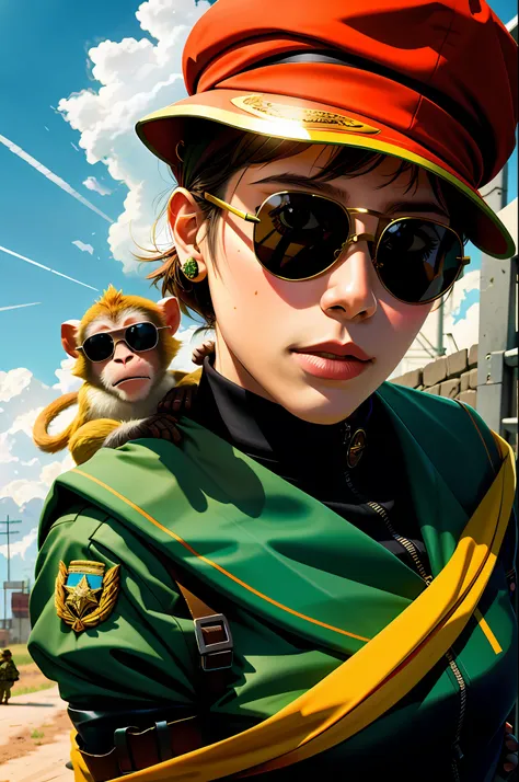 an nft character, cute monkey, military uniform, soldier, sunglasses, cinematic shading, warm soft lighting, centered art