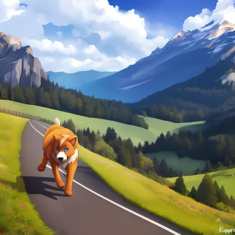 puppy dog running to the birds,  digital media \(artwork\), realistic, amazing background, kosperry,