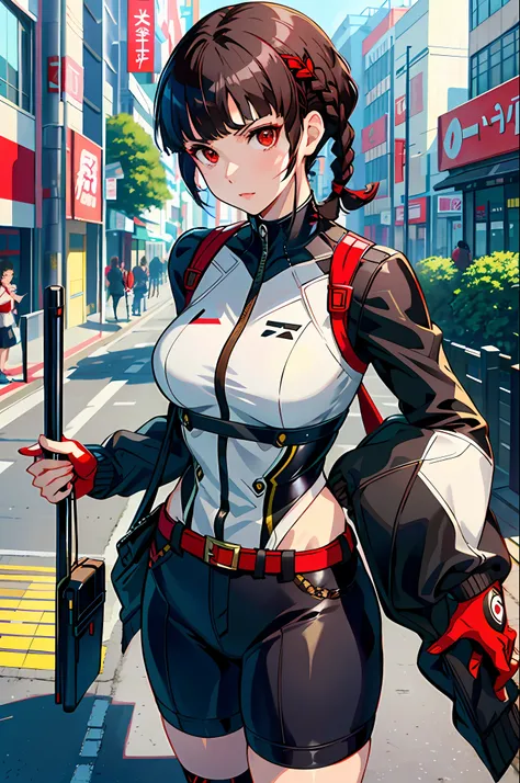 solo, makoto_niijima (from persona 5, 1female, white skin, japanese, red eyes, short brown hair with braid on top) taking a cute...