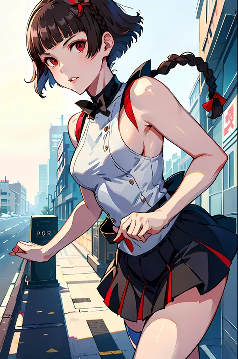 solo, makoto_niijima (from persona 5, 1female, white skin, japanese, red eyes, short brown hair, braid like a hairbow on top of ...