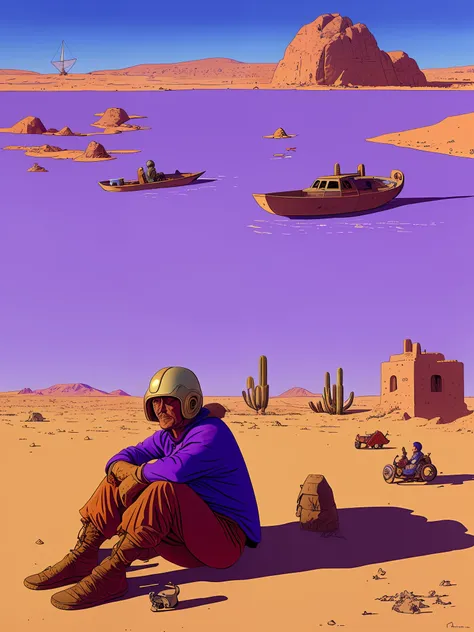 a painting of a space-helmeted man sitting in the desert in the background of a purple town of arakis with a boat in the backgro...