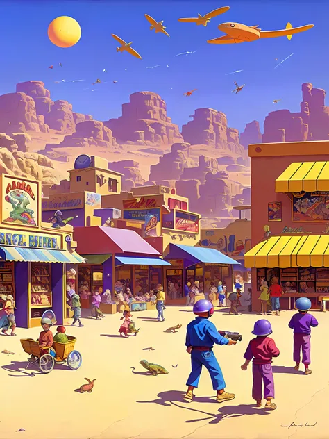 a painting of children buying video games in a 50's store with space-helmeted lizards sitting in the desert in the background a ...