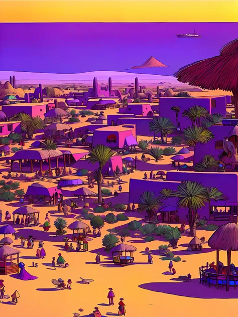 a painting of a mexican village fair desert in the background a purple town of arakis with a boat in the background by moebius j...