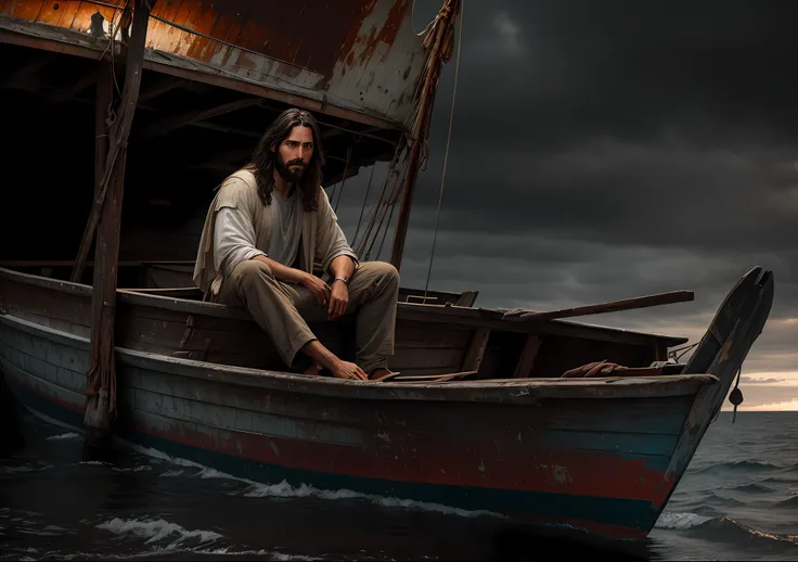 jesus christ sitting next to an old boat the sea dark photo: realistic epic, soft cinematic portrait, adobe lightroom, photograp...