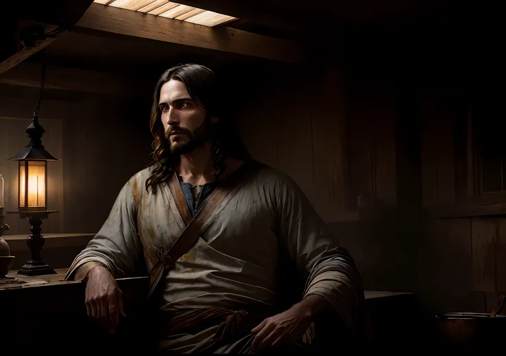 jesus christ sitting on the old boat dark photo: realistic epic, soft cinematic portrait, adobe lightroom, photographic lab, hig...