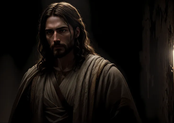 jesus christ dark photo: realistic epic, soft cinematic portrait, adobe lightroom, photographic lab, highly detailed, faded, (ne...