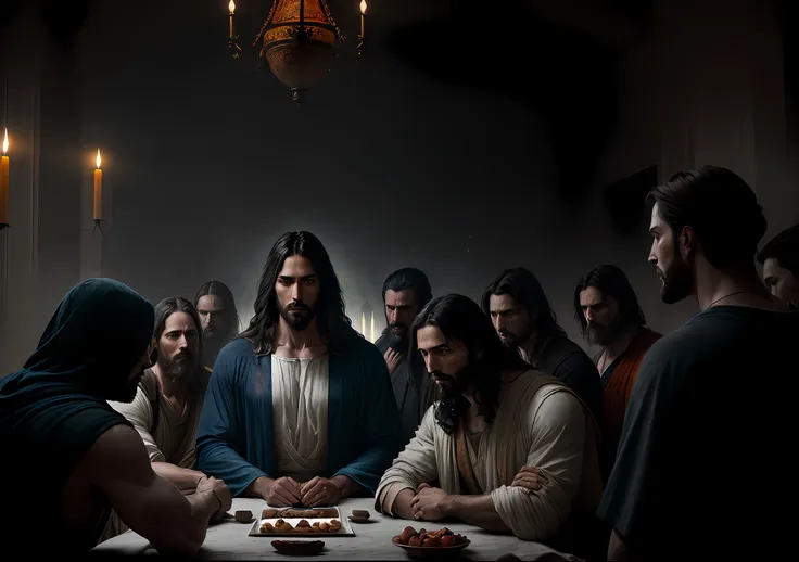 jesus christ with his disciples dark photo: realistic epic, soft cinematic portrait, adobe lightroom, photographic lab, highly d...