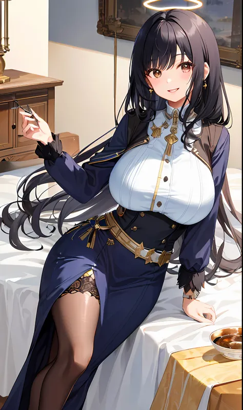 ((masterpiece, best quality)), (1woman),((mature female 45 years old, mixed race)), long, curly and black hair, halo, horn, ((society lady)),bangs, big breast,(busty),slim,smile, [wide hips],elegant house, standing, aru (blue archive), wearing elegant wint...