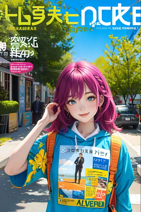 masterpiece, best quality, spring outfit, colorful hair, outdoor, magazine cover ,upper body,