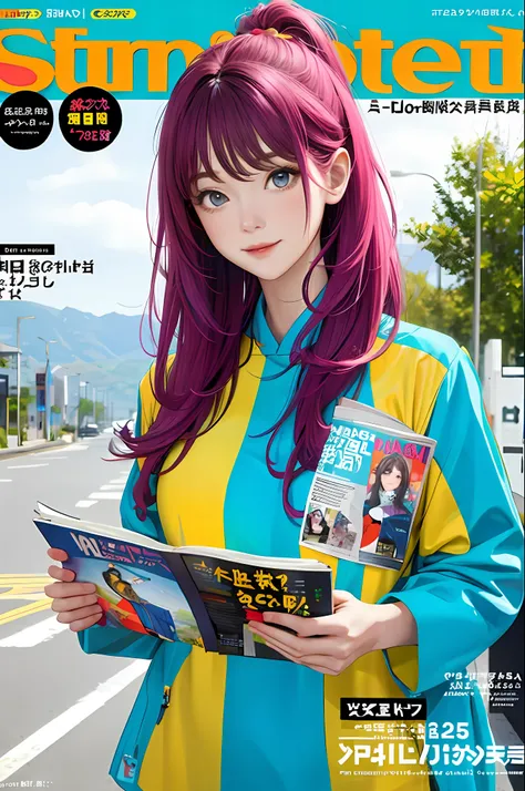 masterpiece, best quality, spring outfit, colorful hair, outdoor, magazine cover ,upper body,