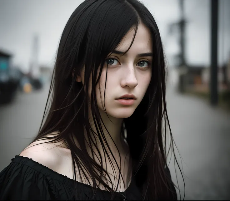 solo portrait photo of a 20 year old real life girl, 1girl super realistic photo, long straight black hair, eyes one of each col...