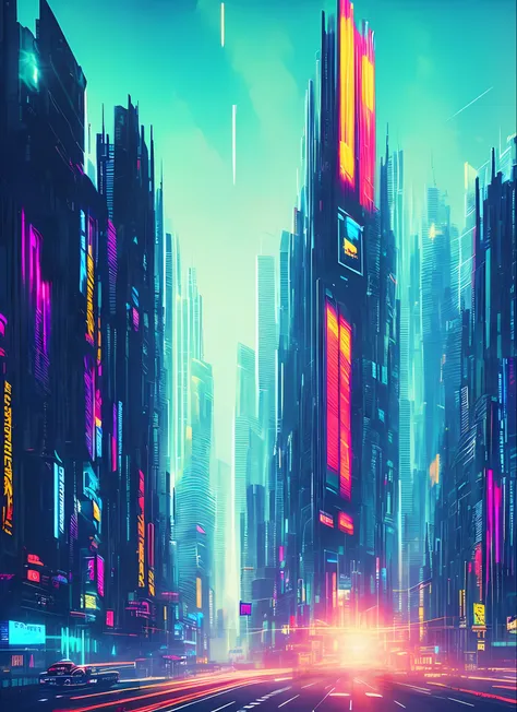 (masterpiece, best quality:1.4), cinematic light, colorful, high contrast, cyberpunk, neon, city, cityscape,  (day:1.2), sky, su...