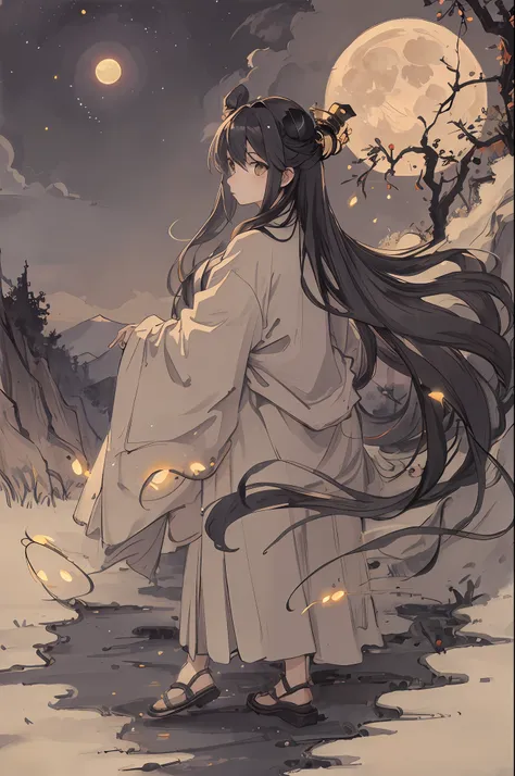 masterpiece, best quality, night, hills, clouds, full moon, long hair, woman, silhouette, fireflies.