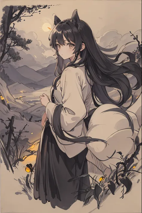 masterpiece, best quality, night, hills, clouds, full moon, long hair, woman, silhouette, fireflies.