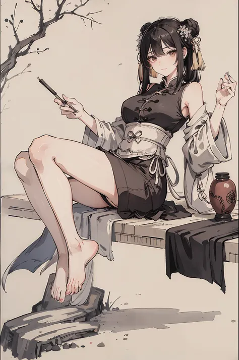 (masterpiece, best quality: 1.2), traditional Chinese ink painting, black hair, brown eyes, large breasts, Oversized dress :1.5, Couch, Ultra-detailed face, Detailed eyes, Double eyelid, sfw ,emphasizing slender abs :1.3, feet:1.4