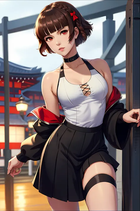 solo, makoto_niijima (da persona 5, 1female, white skin, japanese, red eyes, short brown hair, braid like a hairbow on top of ha...