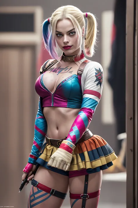 margot robbie as harley quinn in suicide squad, full body, soft lighting, dynamic angle, realistic lighting, photo by robert ada...