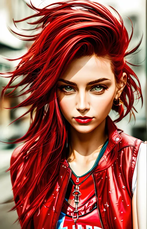 Woman wearing a red leather jacket
