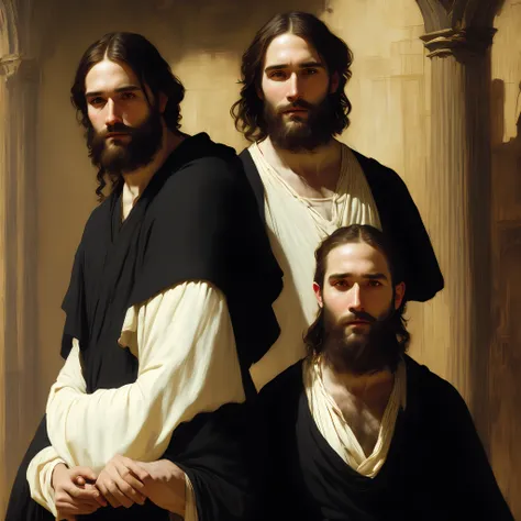 a painting of jesus, man ((short black hair)), short black beard, white tunic without hood, red robe over his shoulder, biblical...