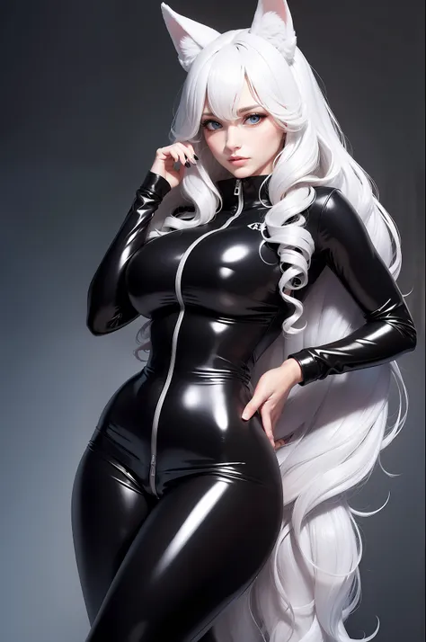 woman with ,golden curly hair,blue eyes,white fox ears,,in a black latex tracksuit