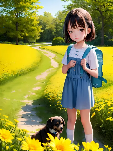 tip: a very charming little girl with a backpack and her cute puppy enjoying a lovely spring outing surrounded by beautiful yell...