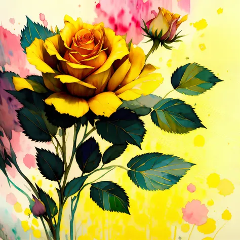 wtrcolor style, digital art of (yellow roses), official art, blown by the wind, masterpiece, beautiful, ((watercolor)), splashes...