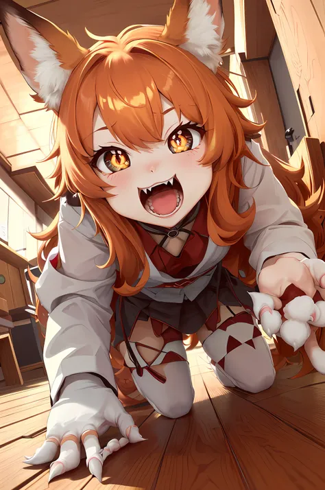 (Pov Wide-Angle 30mm)) ((stronger foxgirl , big eyse dilated pupils , cute , hand Claw , crawls ))(( wants to eat you, he looks at you))