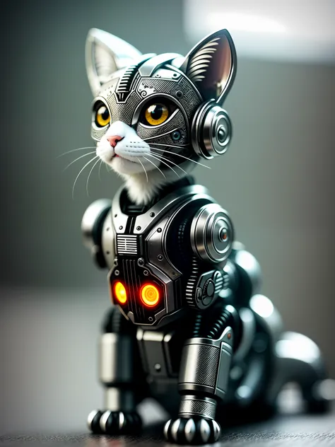 A cute kitten made of metal, (cyborg:1.1), ([tail |  Metal Pieces]:1.3), (Intricate Details), HDR, (Intricate Details, Hyperdetail:1.2), Cinematic Shots, Center, (Head Turned), Small Ears, (Headset), Cute,