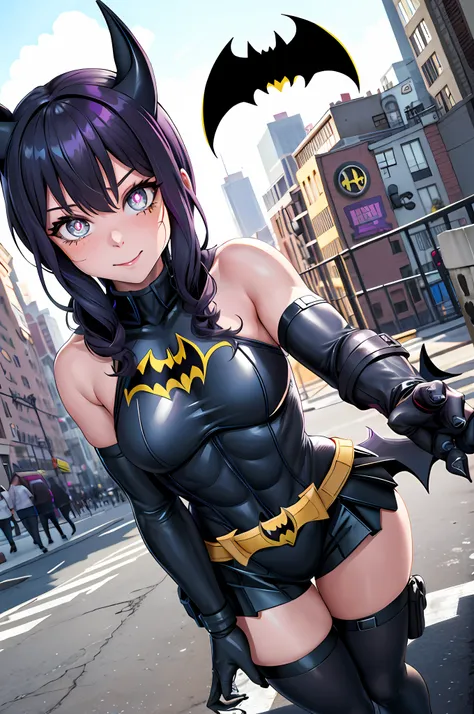 "[(pov wide-angle 30mm):1.3] [(stronger batgirl):1.2], ([big dilated pupils]:1.3), [cute], [hand claw], [crawls], [city scene]."