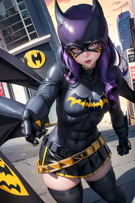 "[(POV Wide-Angle 30mm):1.3] [(Stronger Batgirl):1.2], ([Big Dilated Pupils]:1.3), [Cute], [Hand Claw], [Crawls], [City Scene]."
