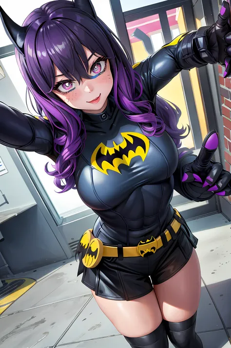 "[(POV Wide-Angle 30mm):1.3] [(Stronger Batgirl):1.2], ([Big Dilated Pupils]:1.3), [Cute], [Hand Claw], [Crawls], [City Scene]."