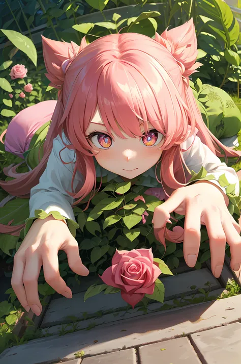 (pov wide-angle 30mm)) ((stronger plantgirl , long rosehairplant  , pink rose, big eyse dilated pupils , cute , hand claw , craw...