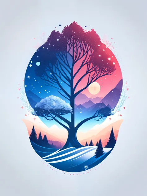 a spruice tree in a winter landscape, tshirt design, rzminjourney, vector-art